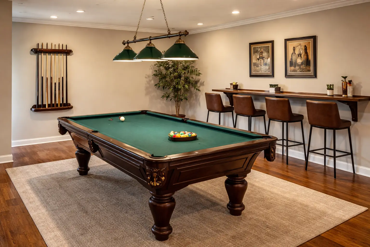 Pool table room with 8 foot table, billiard light, bar stools, and cue rack